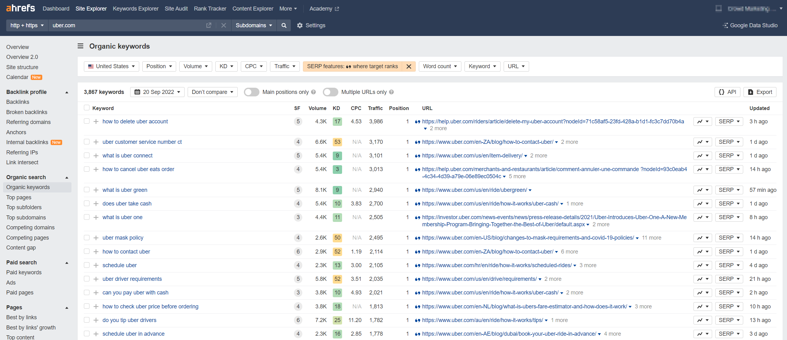 Overview Organic Keywords from Ahrefs